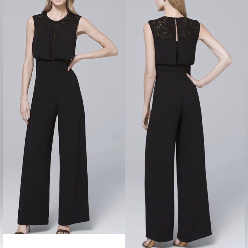 White House Black Market Lace Inset-Bodice Black Wide-Leg Jumpsuit Sz 2P